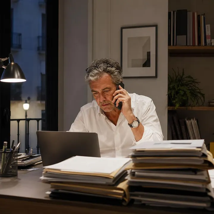 Un abogado revisa expedientes en su despacho por la tarde, con gesto cansado