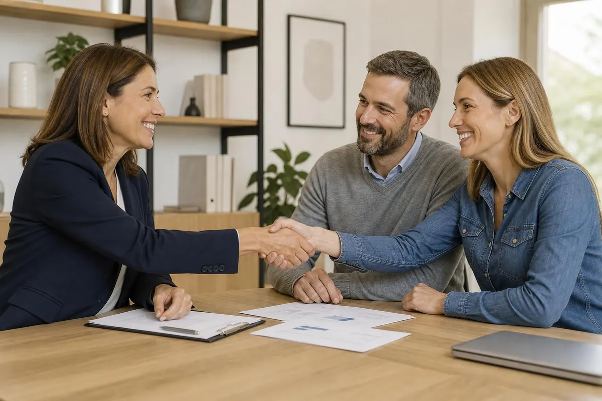 A lawyer shakes hands with a relieved couple in a bright office