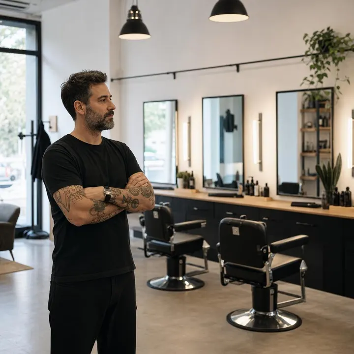A hair salon owner looks at his salon with empty chairs in mid-afternoon