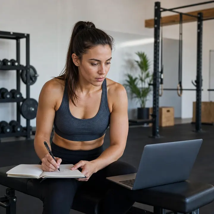 Una entrenadora personal planifica su propio servicio en un gimnasio vacío