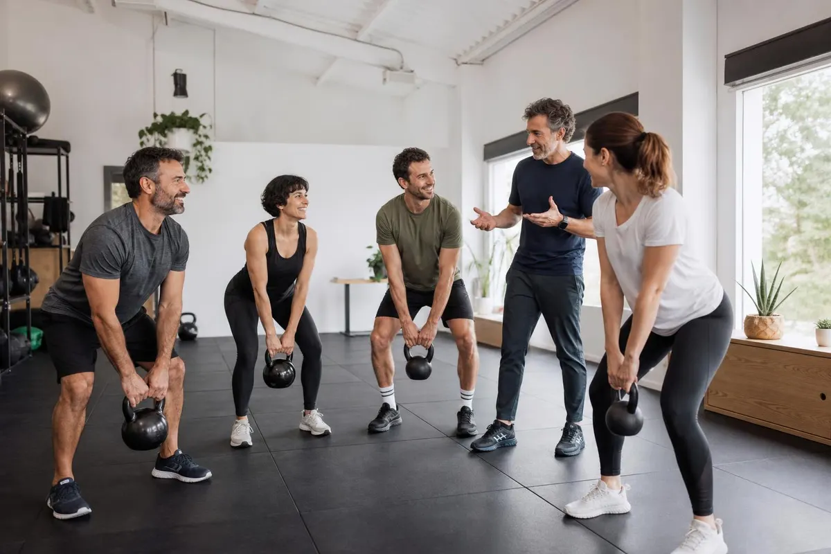 Un entrenador guía una clase en grupo llena de energía en un estudio luminoso