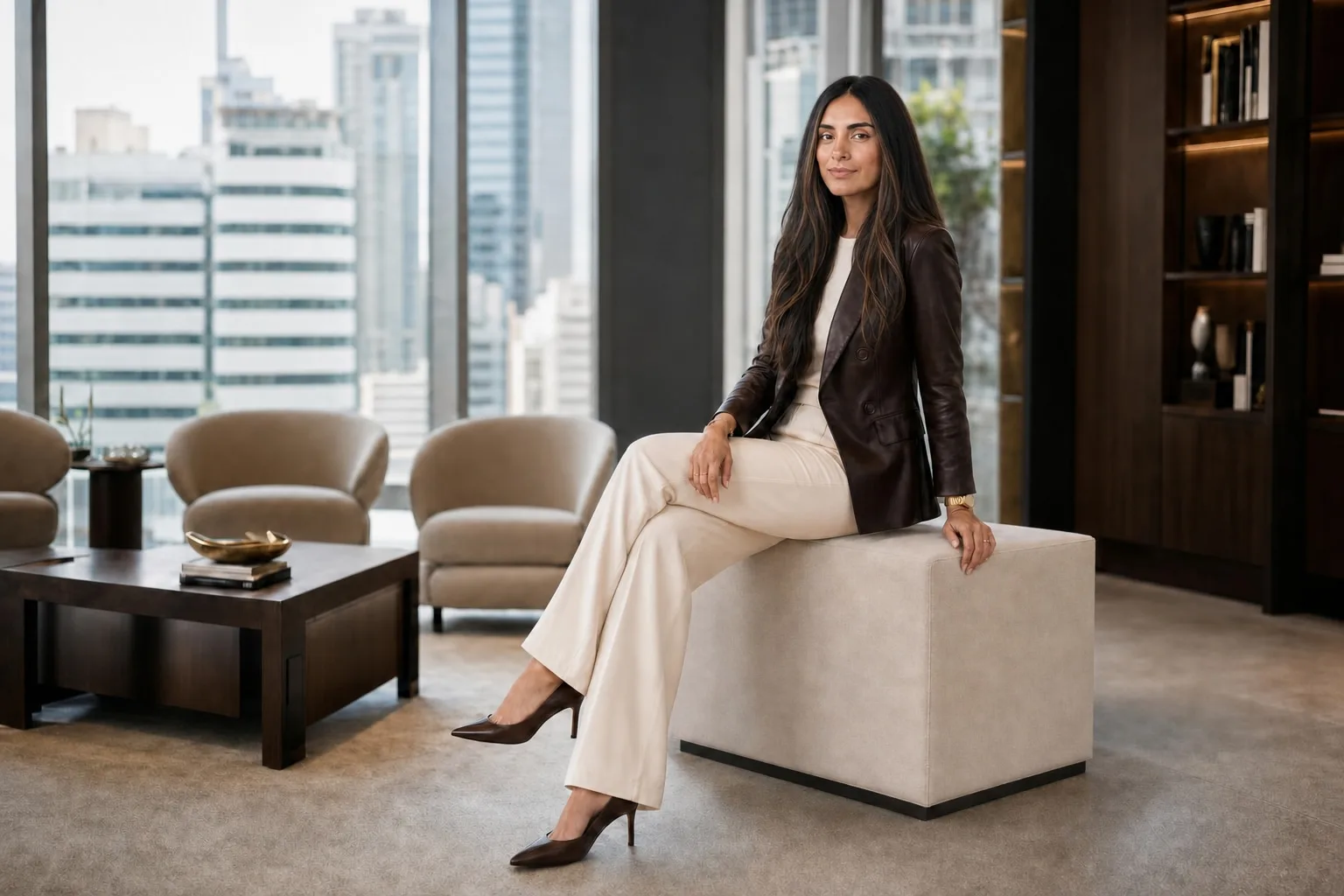Emely Aguilar en una oficina con vistas a la ciudad