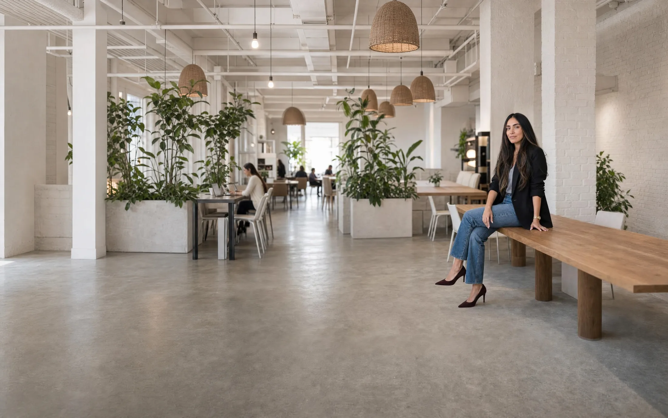 Emely Aguilar, Eme, sentada en una mesa de madera en un espacio de trabajo luminoso