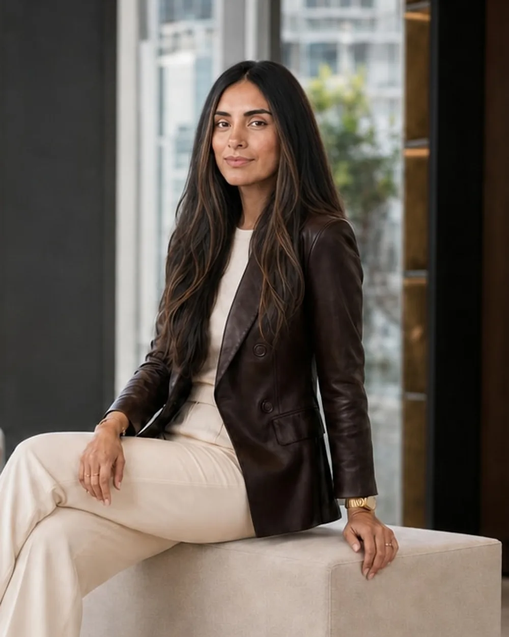 Portrait of Emely Aguilar in a leather blazer