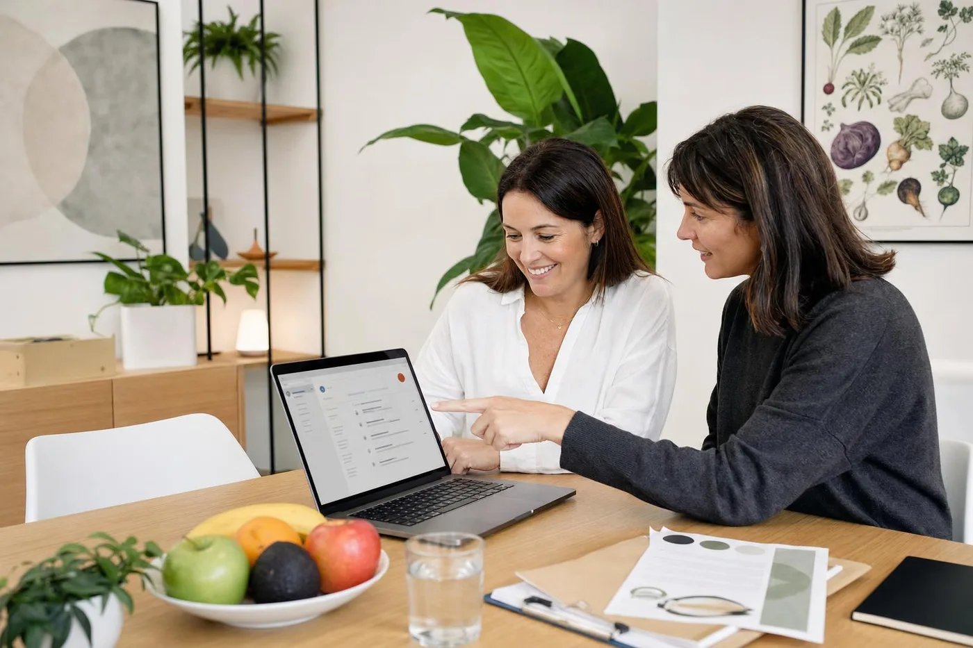 A nutritionist reviews her new website and booking requests with a consultant