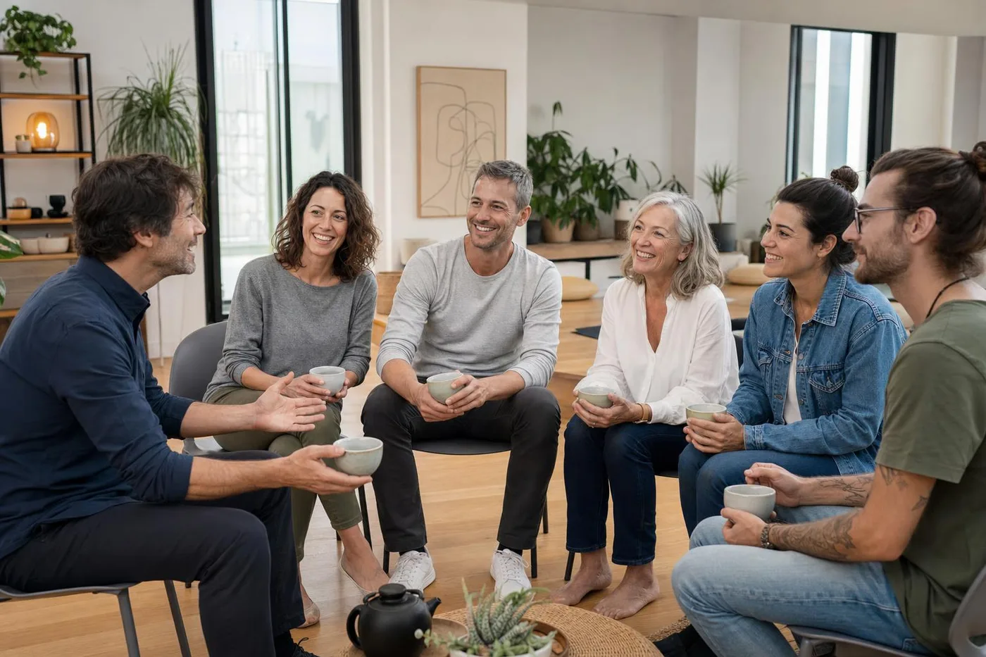 Un anfitrión recibe a un grupo de clientes en un taller de un estudio de bienestar