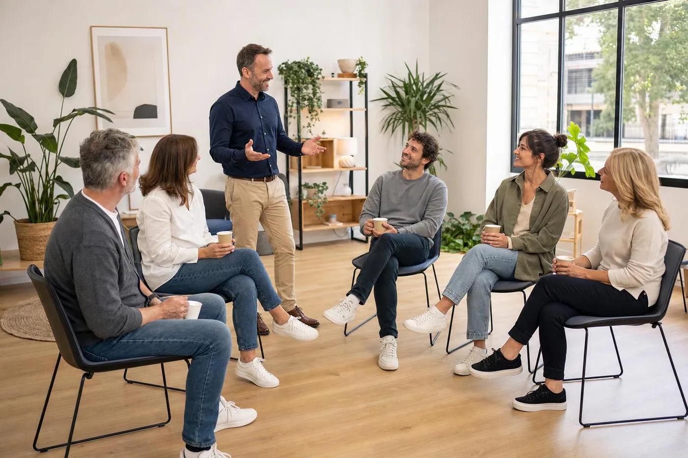 A host welcomes a group of clients to a workshop in a wellness studio