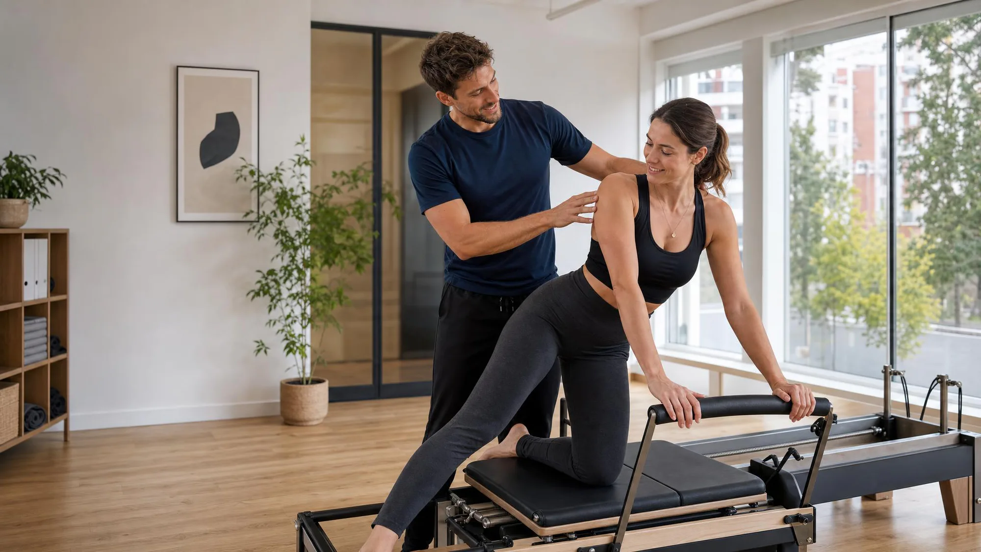 An instructor smiles as he corrects his client's posture