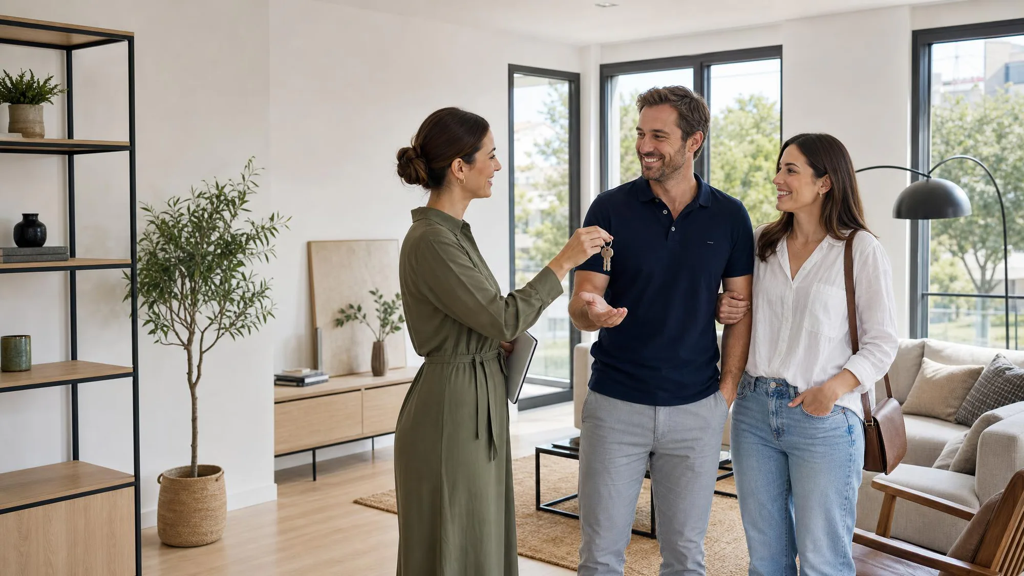 Una agente inmobiliaria entrega las llaves a una pareja en un salón luminoso