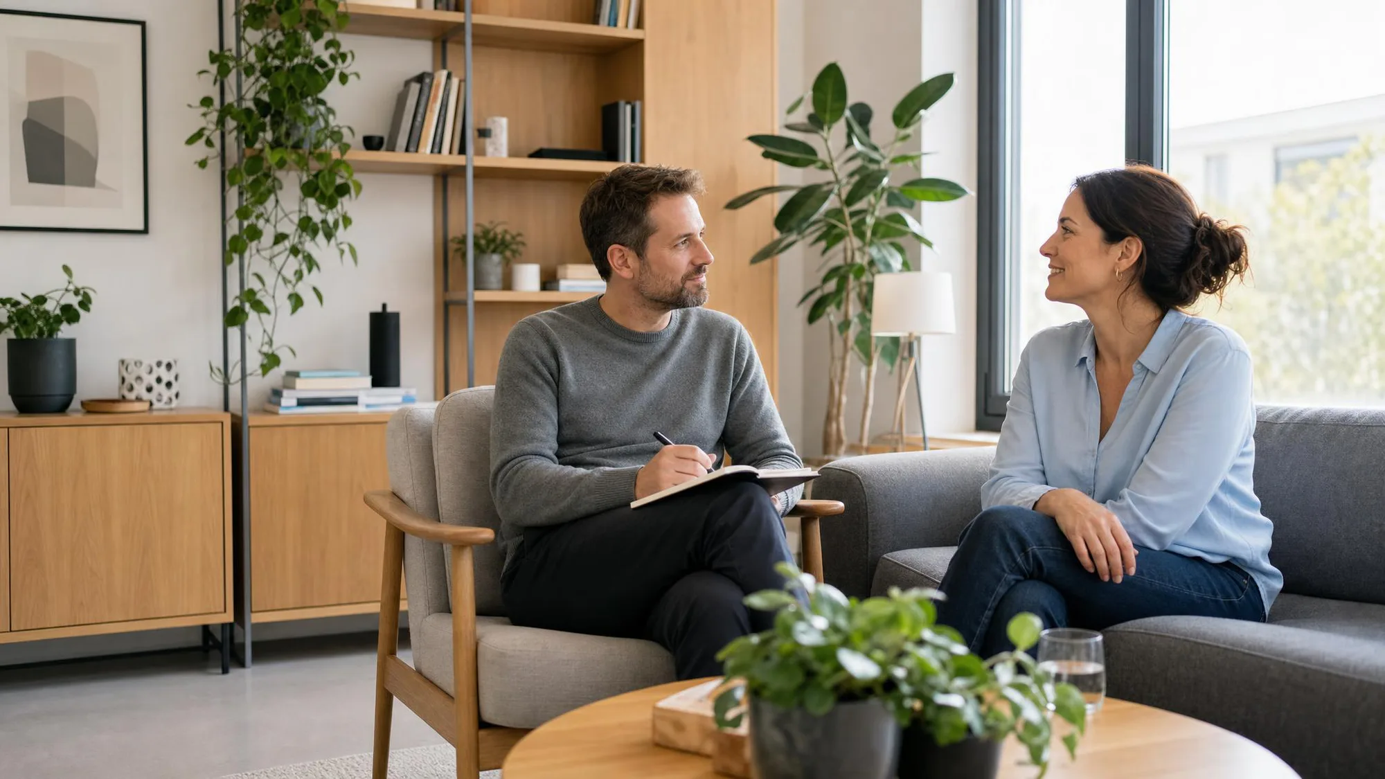 A psychologist listens closely to his patient, who smiles with relief
