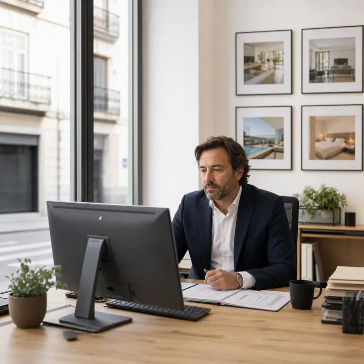 A real estate agent looks at his computer in his small office, with few inquiries