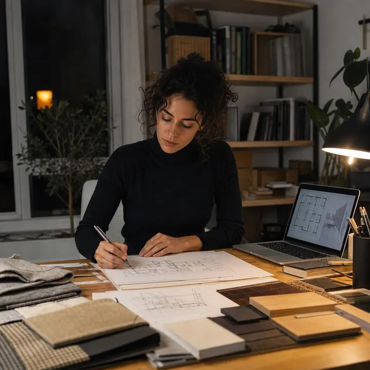 Una interiorista prepara muestras de materiales en su estudio de casa por la noche