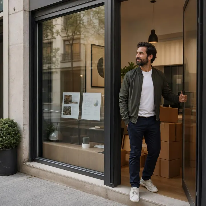 A real estate agent opens the door of his own new agency