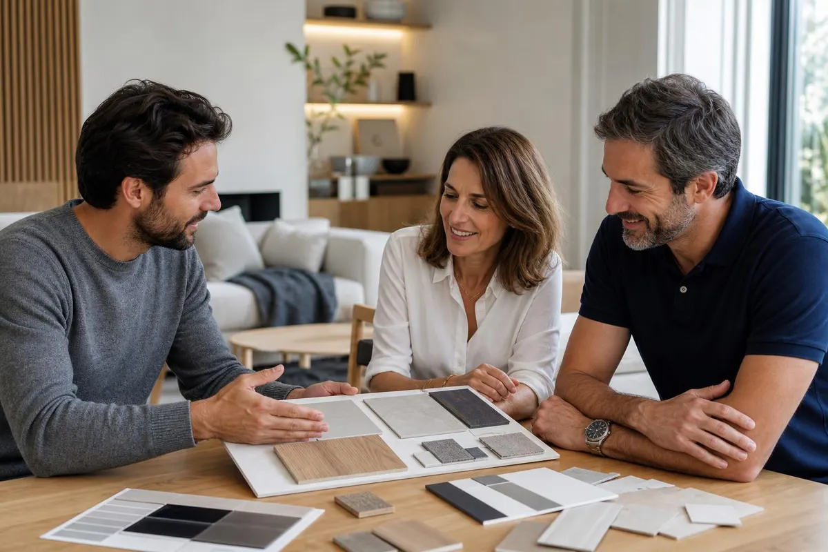 An interior designer presents material samples to a couple in a newly renovated living room
