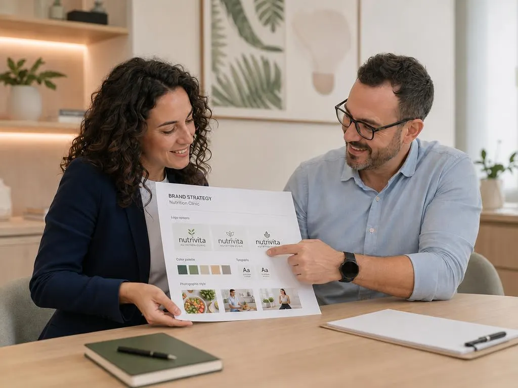 A Doodle Studio strategist presents a brand proposal to the owner of a nutrition clinic