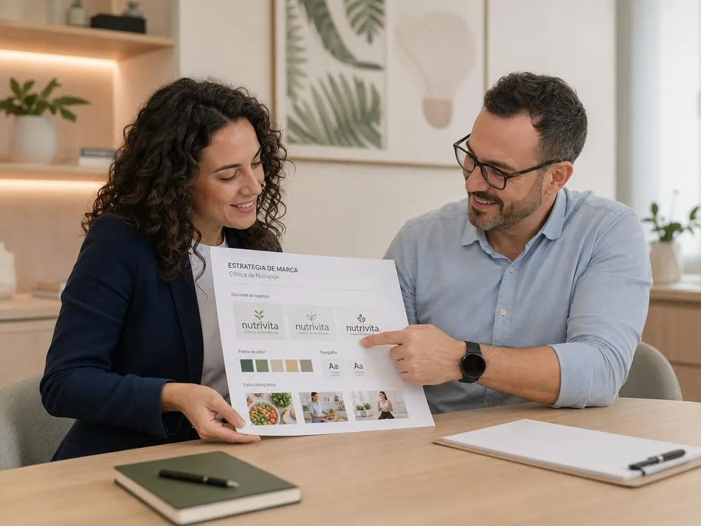 Una estratega de Doodle Studio presenta la propuesta de marca al dueño de una clínica de nutrición