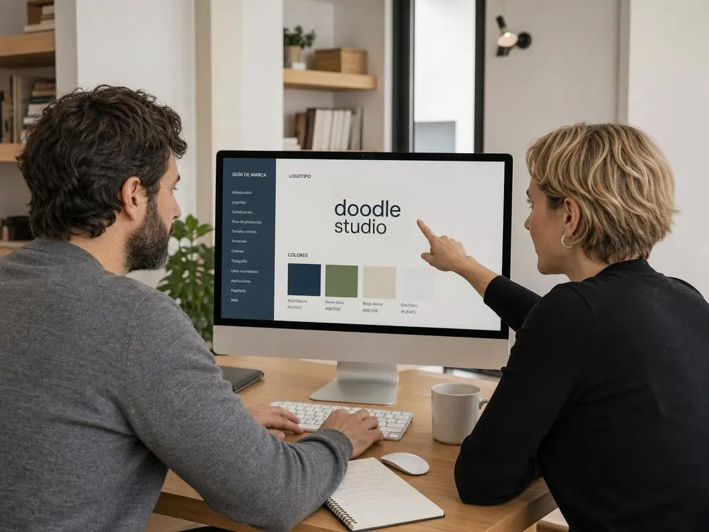 Dos diseñadores de Doodle Studio revisan una guía de marca en pantalla