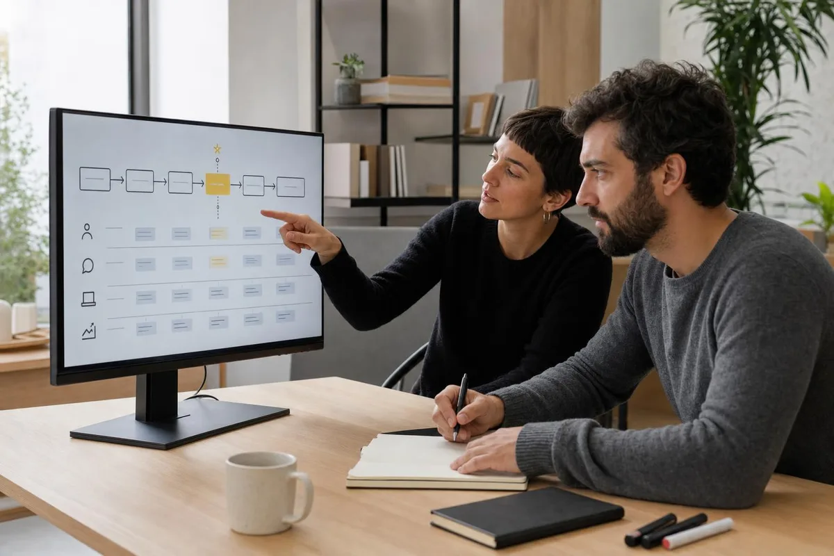 Two Doodle Studio strategists review a service blueprint on screen, with the client's moment of truth highlighted