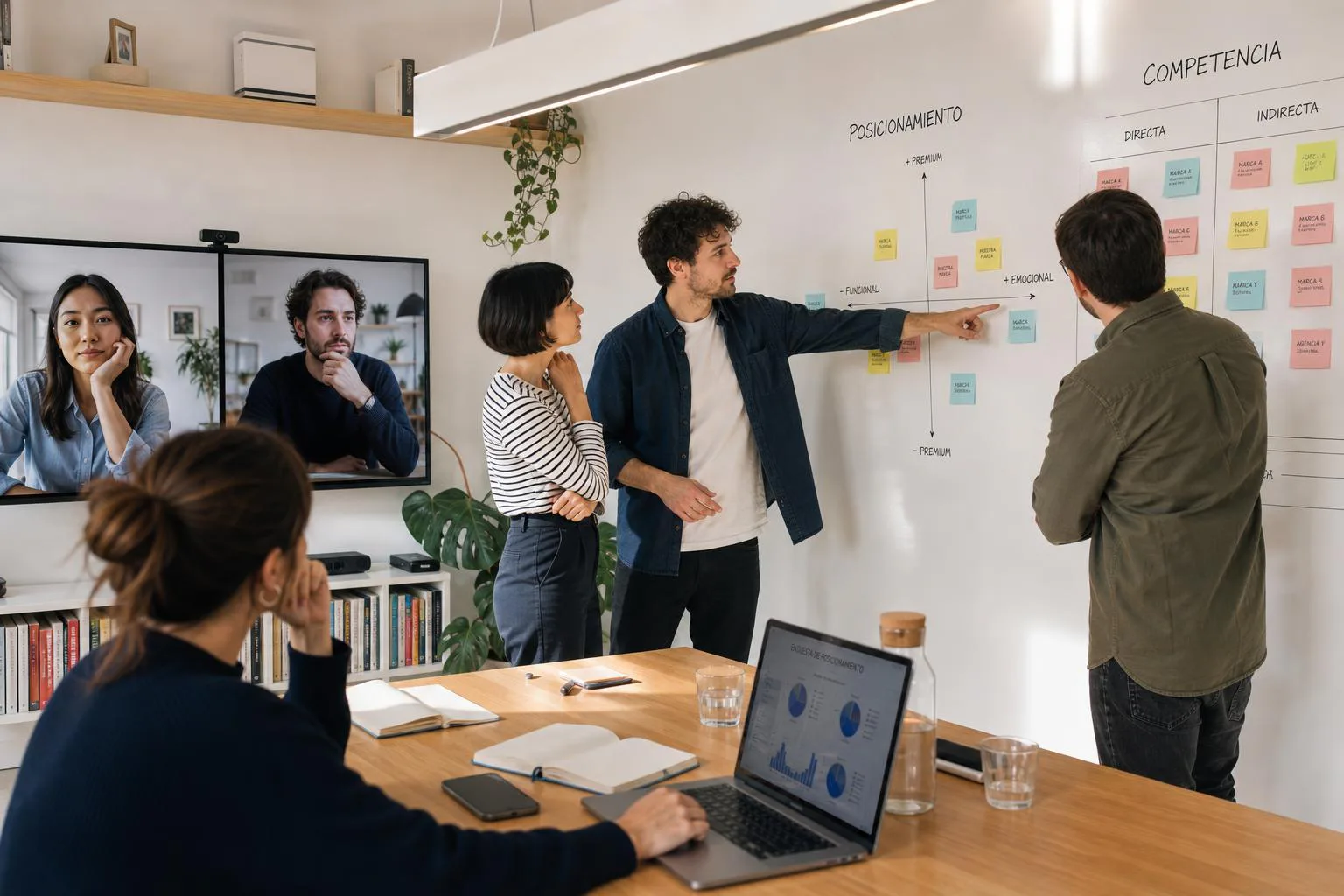 El equipo de Doodle Studio analiza un mapa de posicionamiento mientras comparte la pizarra por videollamada con compañeros de otros países