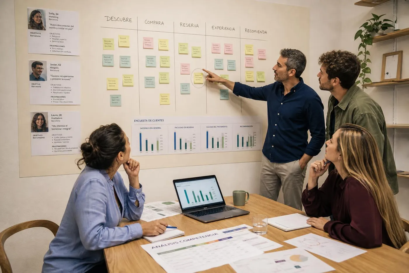 El dueño de un centro de bienestar y su equipo analizan el recorrido de sus clientes en un mapa de customer journey