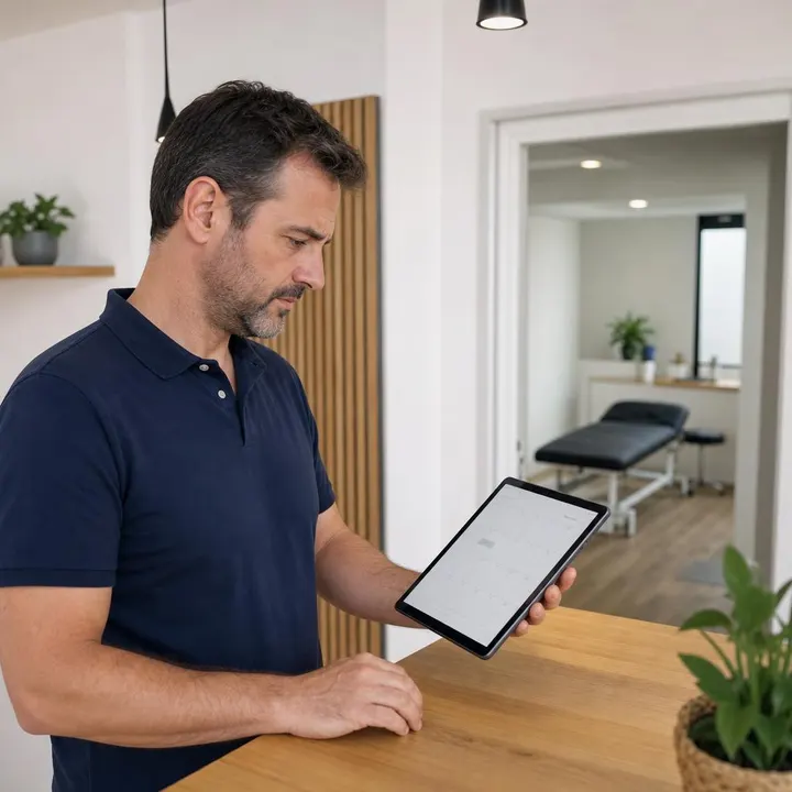 A physical therapist checks a schedule with few appointments on his tablet at his clinic
