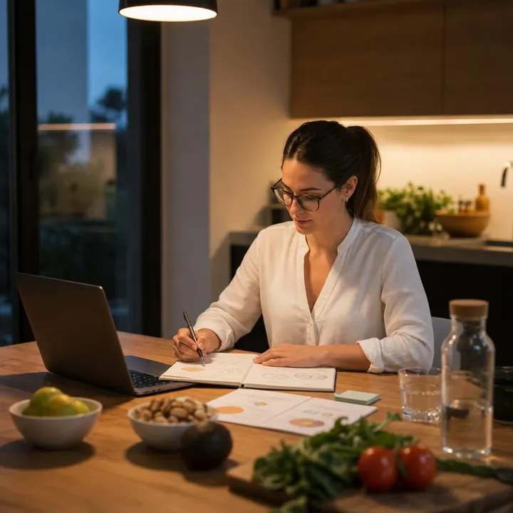 A nutritionist plans her own practice at her kitchen table in the evening