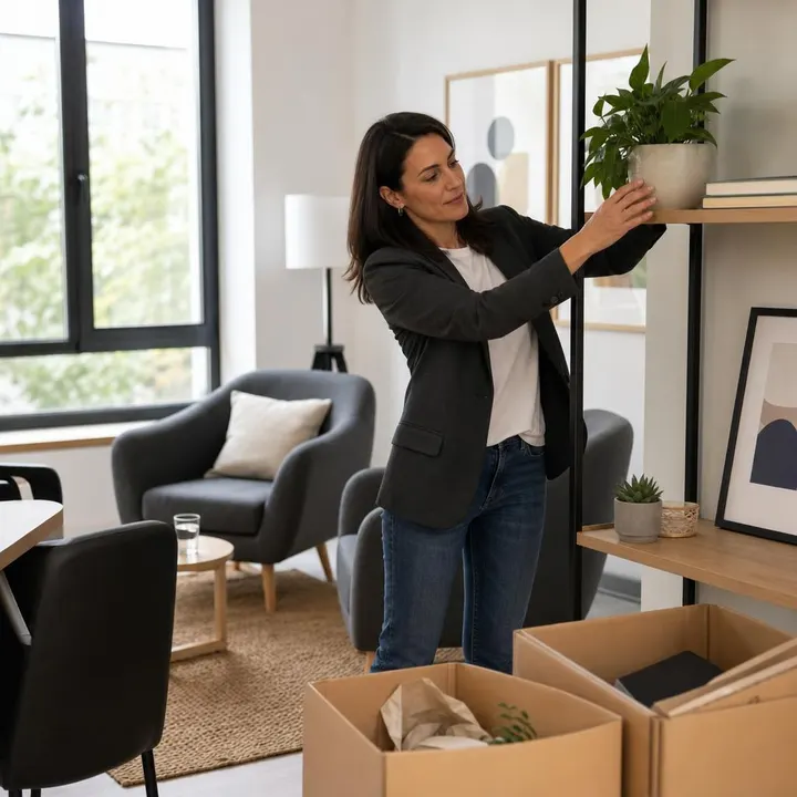 A psychologist places a plant in her new office, surrounded by boxes