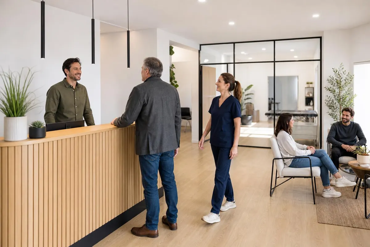 Reception of a health practice where patients are welcomed calmly and a physical therapist comes out to greet them